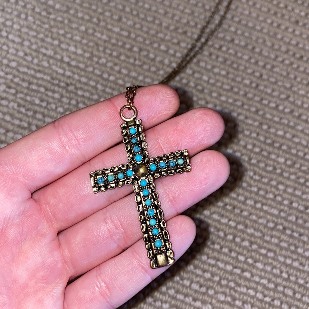 Blue and Gold Long Pendant Cross Necklace